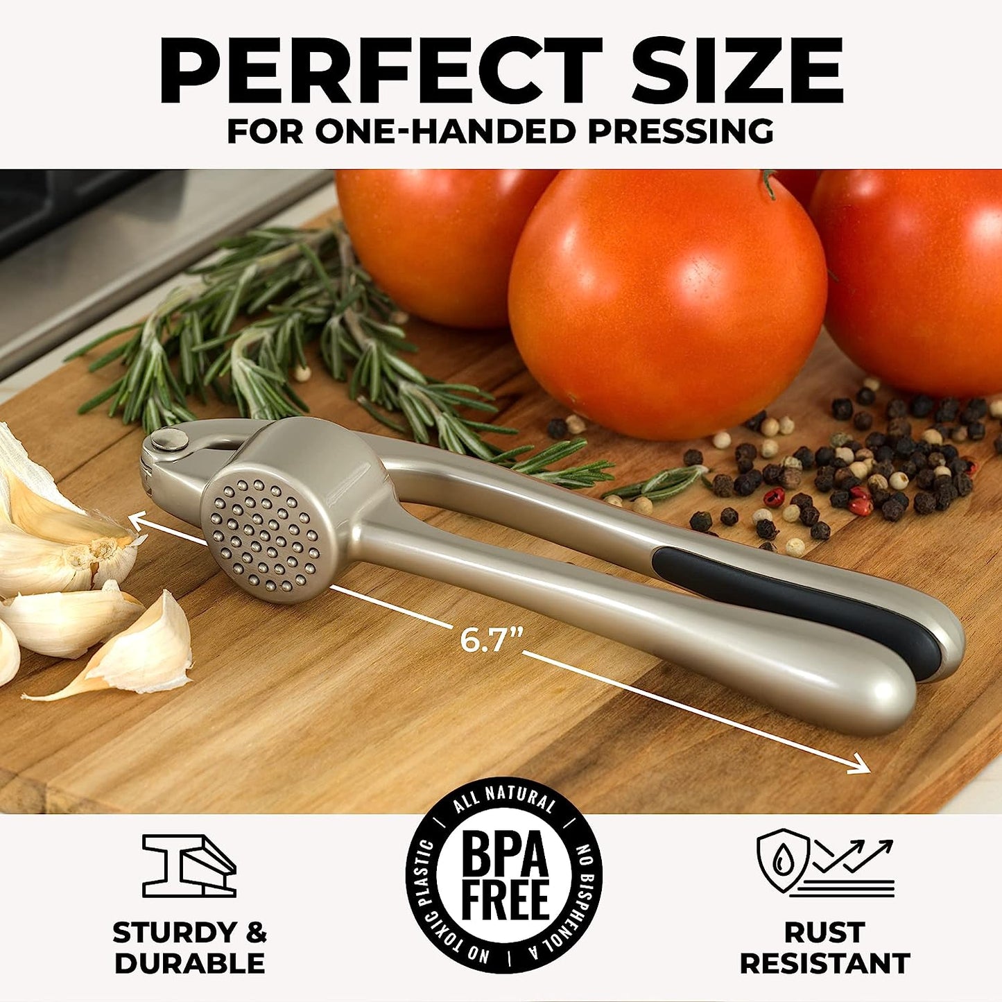 Premium Press with Soft, Easy to Squeeze Handle - Includes Silicone Garlic Peeler & Cleaning Brush