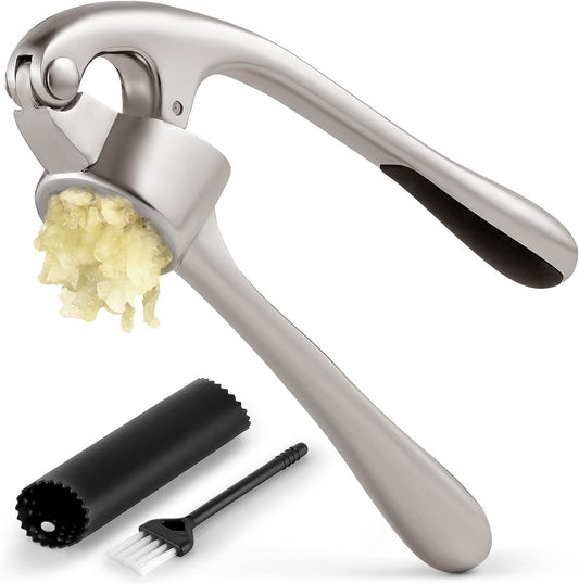 Premium Press with Soft, Easy to Squeeze Handle - Includes Silicone Garlic Peeler & Cleaning Brush