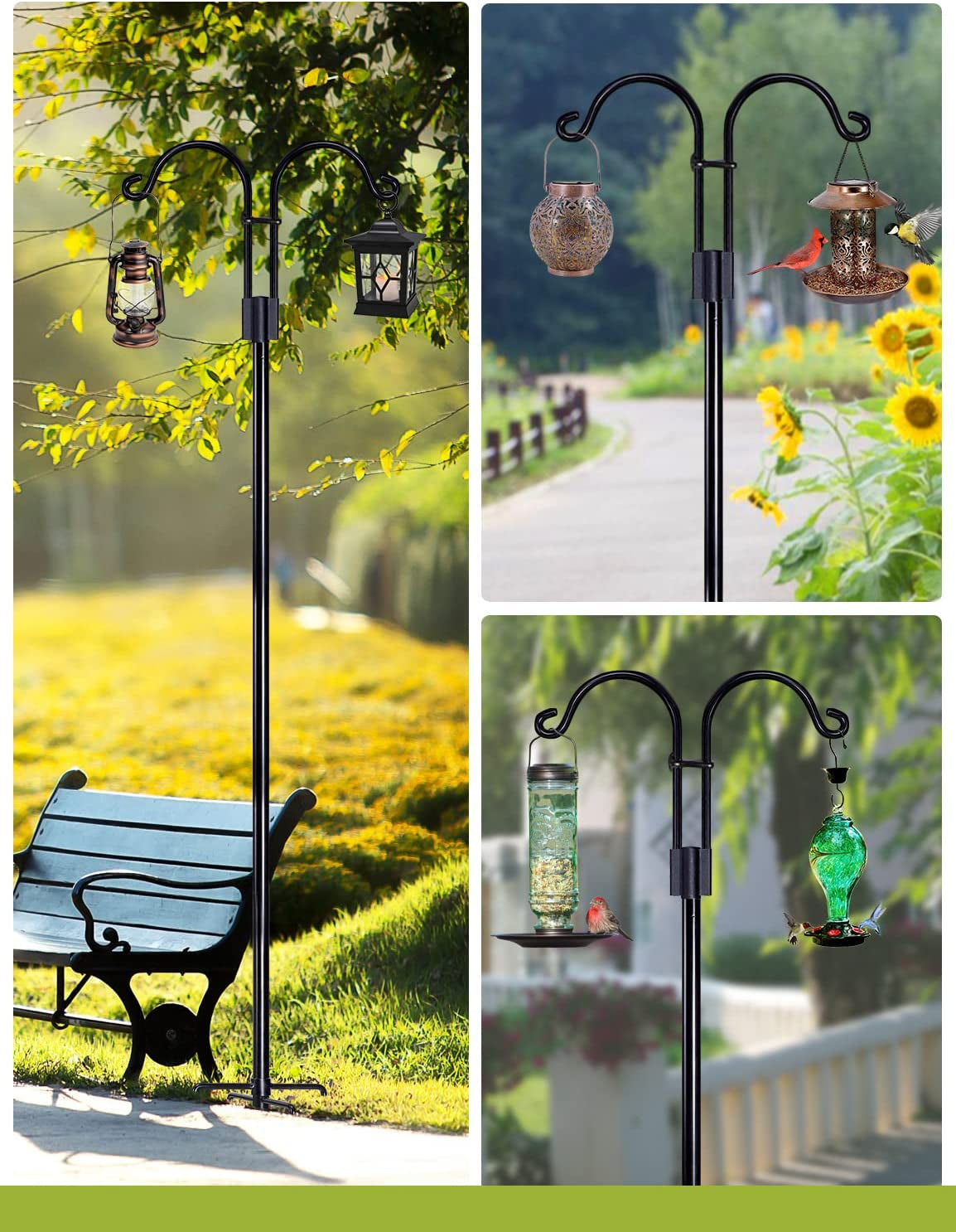 Premium Shepherds Hooks for Outdoor, 2 Pack 60 Inch Bird Feeder Pole with 5 Prongs Base