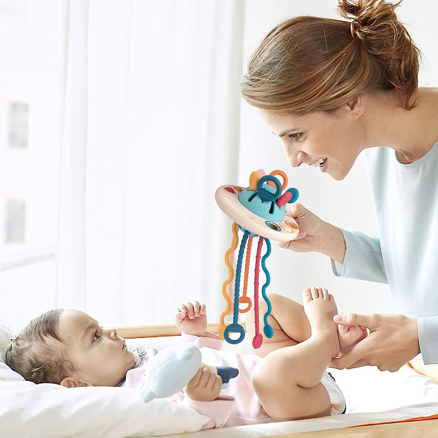 Premium Sensory Montessori Silicone Toy for 6-12 Months, Travel Pull String Toy for 12-18 Months