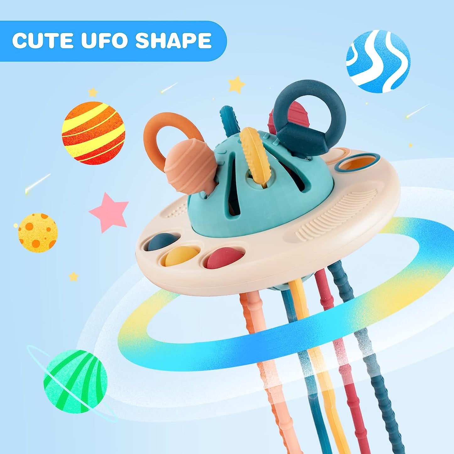 Premium Sensory Montessori Silicone Toy for 6-12 Months, Travel Pull String Toy for 12-18 Months
