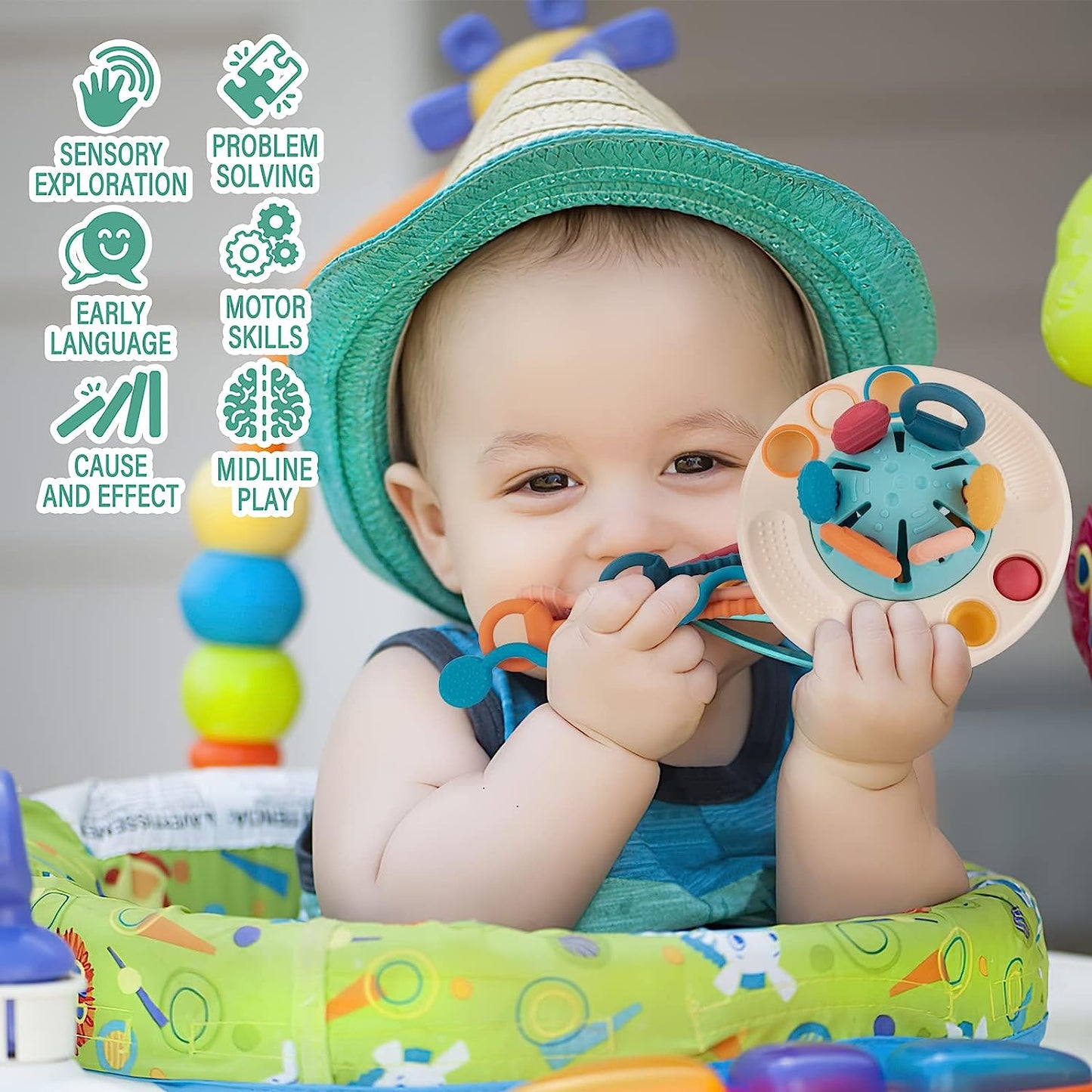 Premium Sensory Montessori Silicone Toy for 6-12 Months, Travel Pull String Toy for 12-18 Months