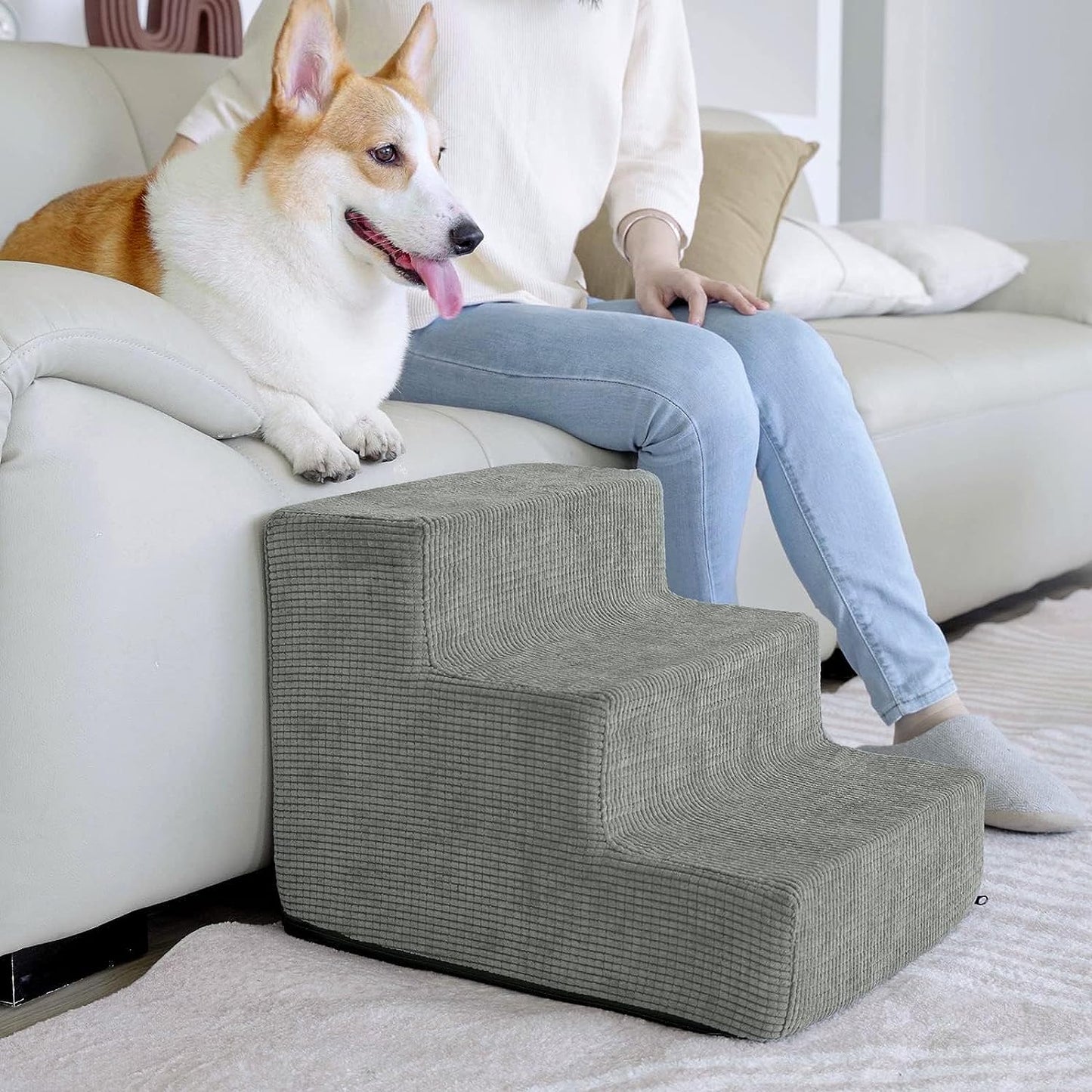 Premium Stairs for Small Dogs, 3 Steps High-Density Dog Steps for Sofa &High Bed