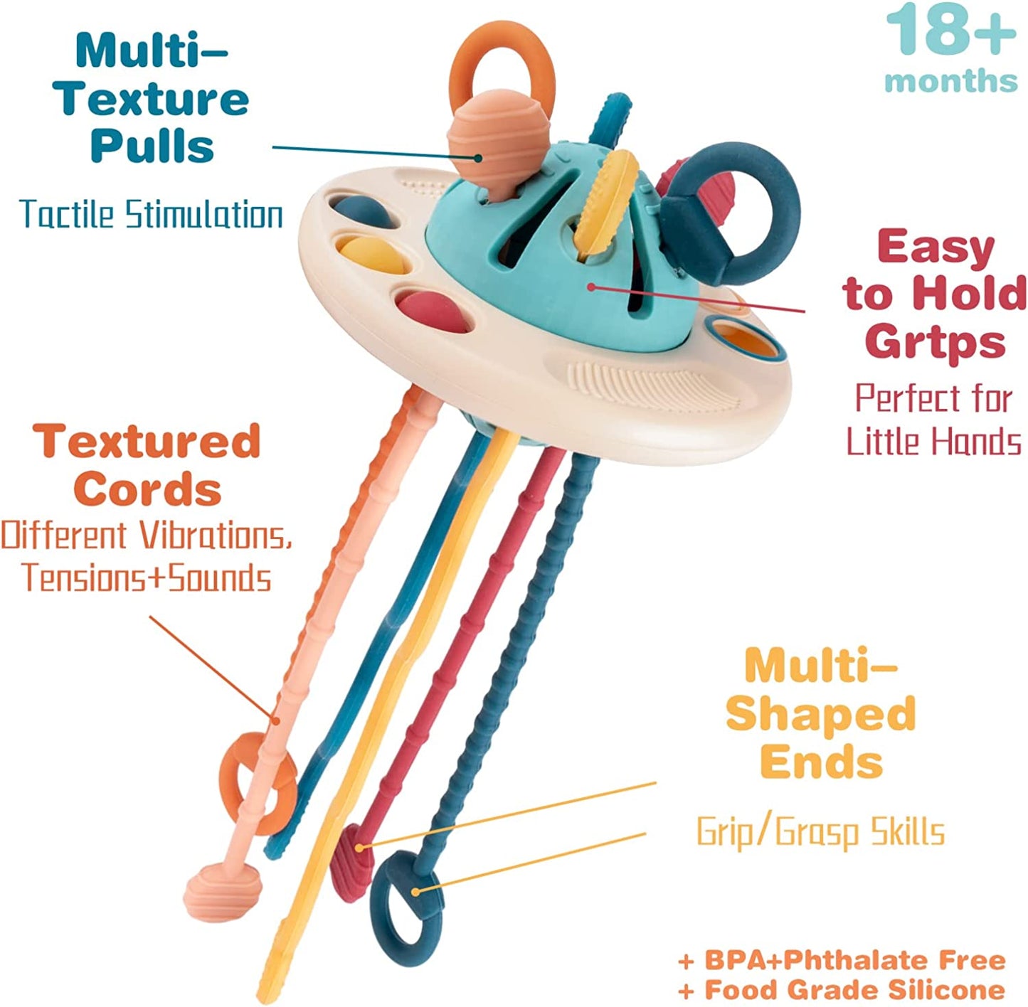 Premium Sensory Montessori Silicone Toy for 6-12 Months, Travel Pull String Toy for 12-18 Months