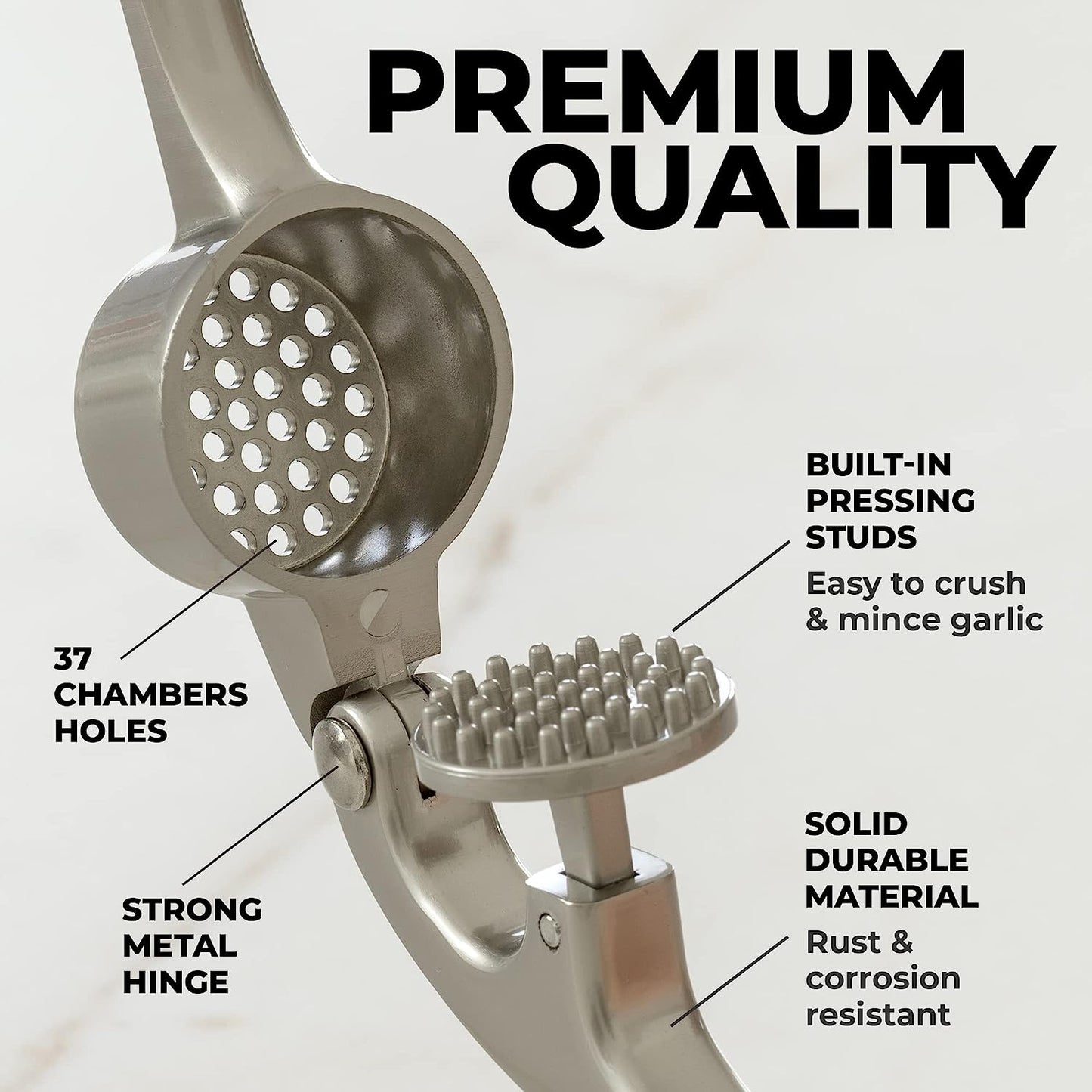 Premium Press with Soft, Easy to Squeeze Handle - Includes Silicone Garlic Peeler & Cleaning Brush