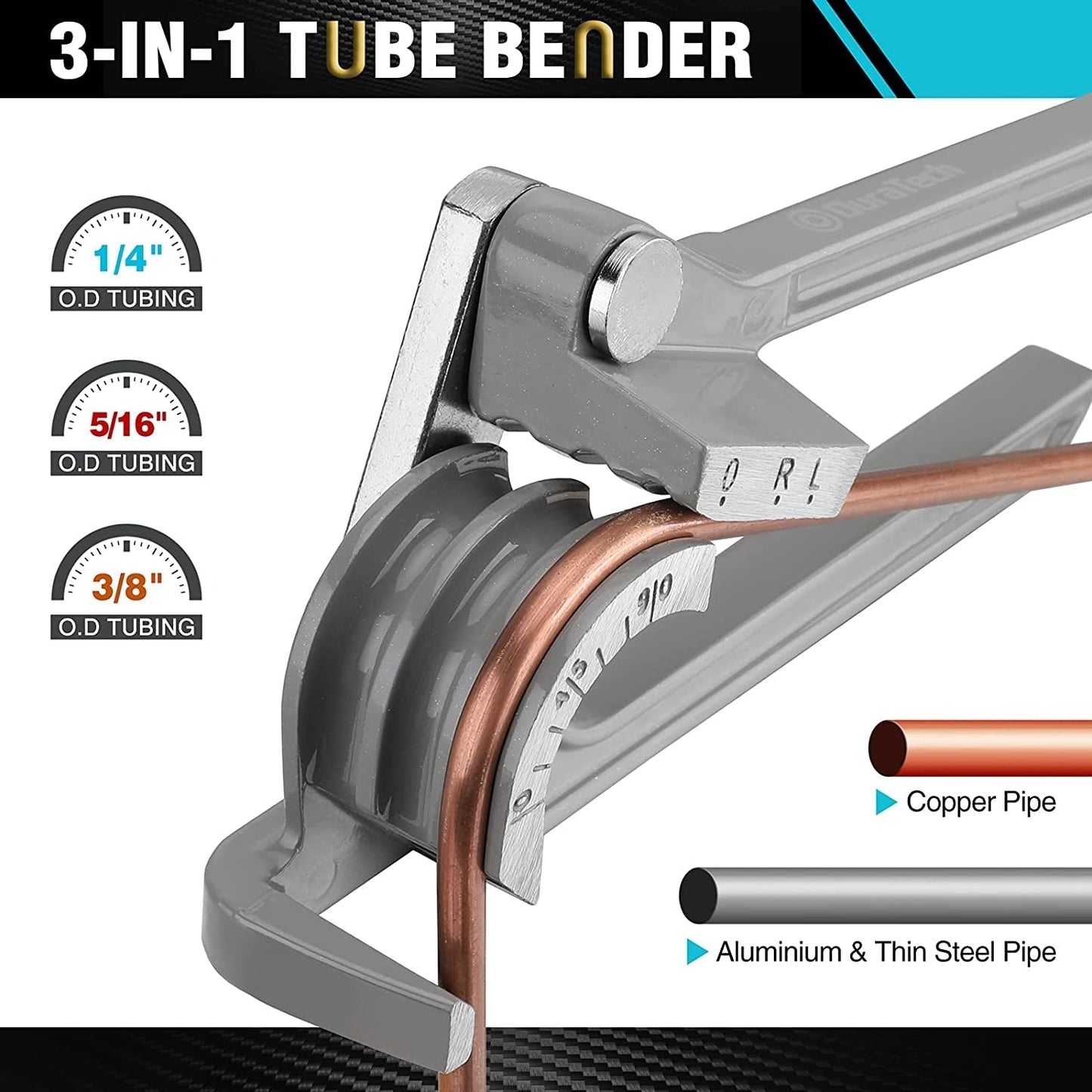 Premium Bender, Pipe Bender, 3-IN-1, 1/4", 5/16", 3/8", for Copper, Brass, Aluminum and Thin Steel Pipes