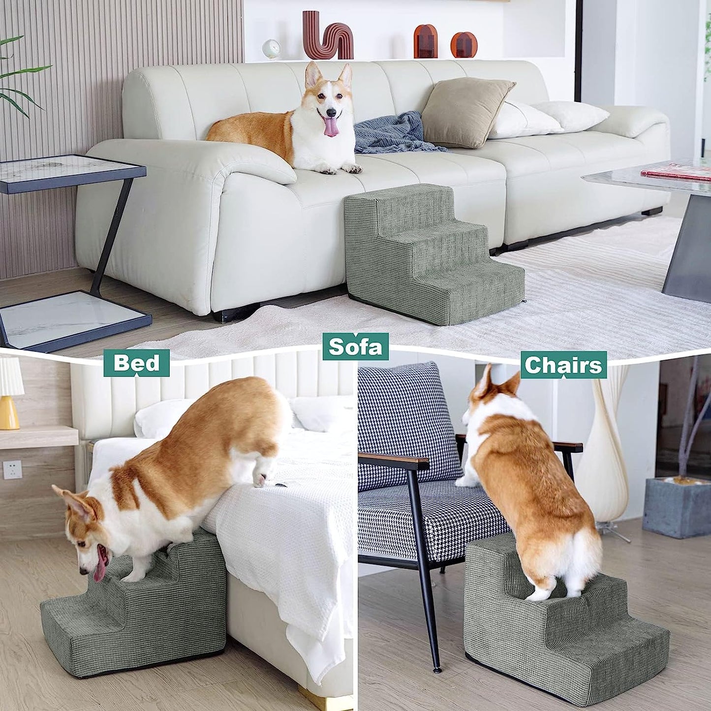 Premium Stairs for Small Dogs, 3 Steps High-Density Dog Steps for Sofa &High Bed