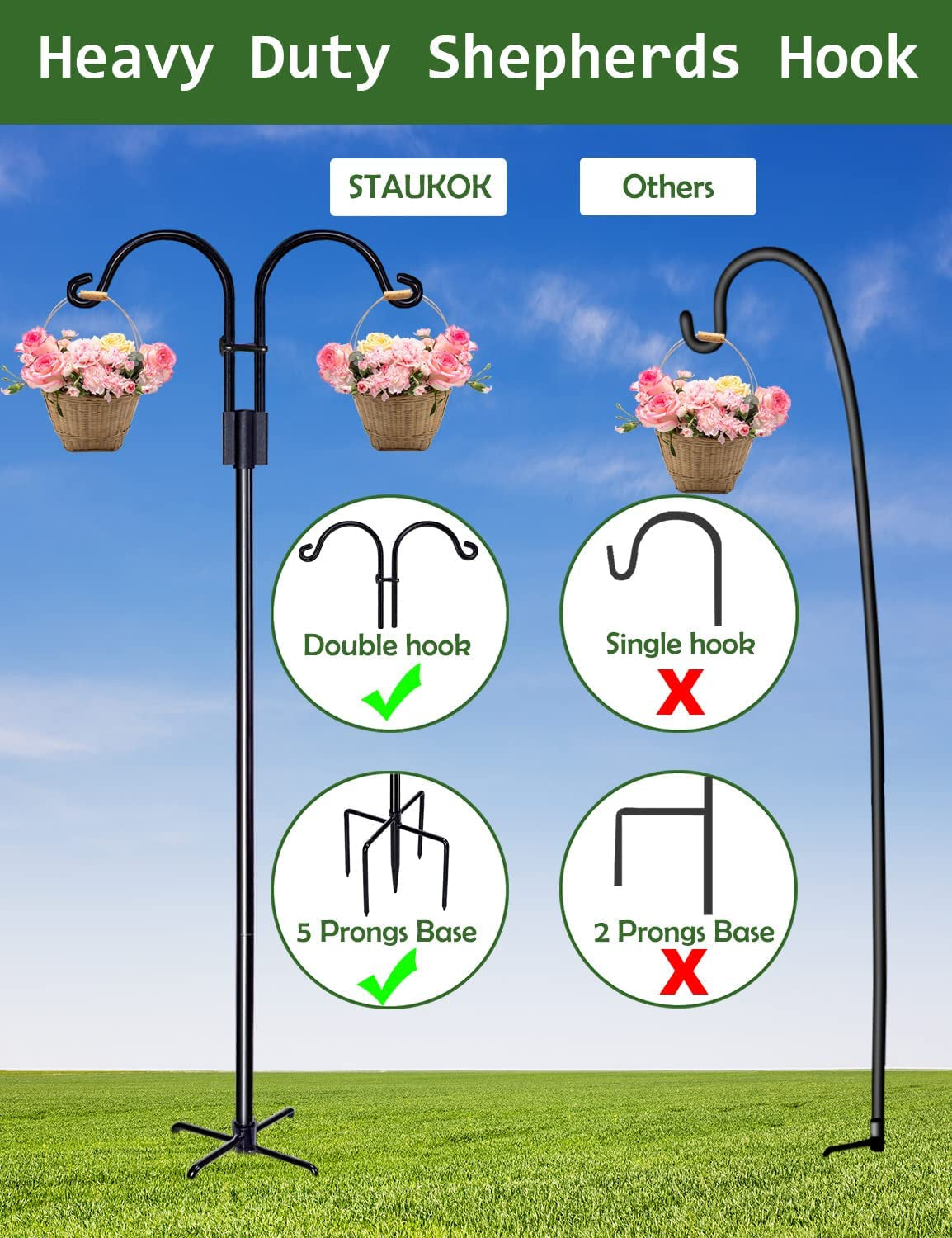 Premium Shepherds Hooks for Outdoor, 2 Pack 60 Inch Bird Feeder Pole with 5 Prongs Base