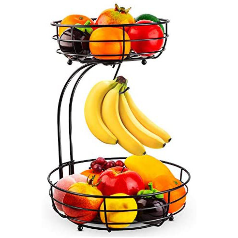 Premium 2-Tier Countertop Fruit Vegetables Basket Bowl Storage With Banana Hanger