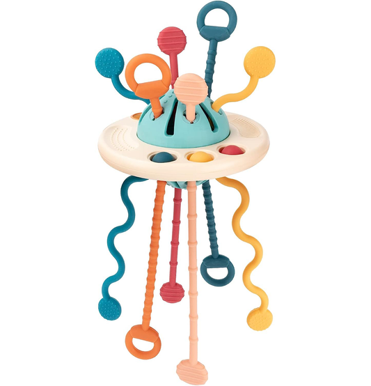 Premium Sensory Montessori Silicone Toy for 6-12 Months, Travel Pull String Toy for 12-18 Months