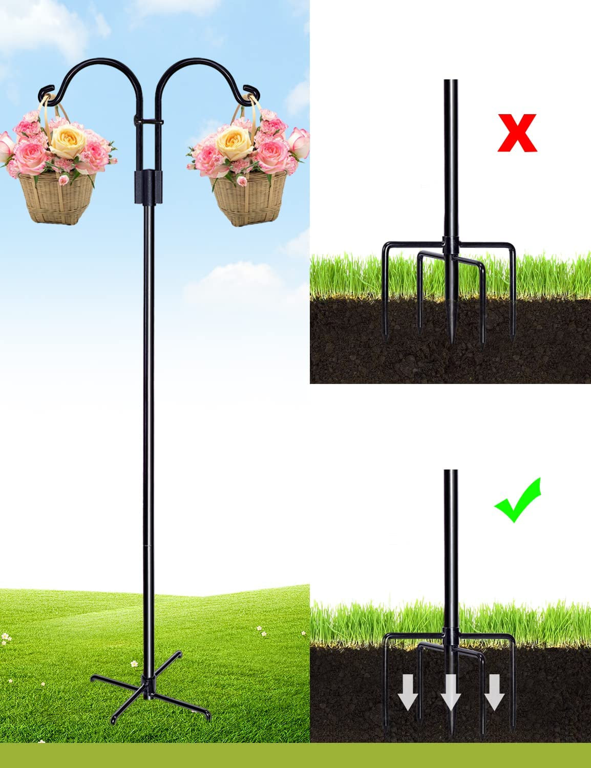 Premium Shepherds Hooks for Outdoor, 2 Pack 60 Inch Bird Feeder Pole with 5 Prongs Base