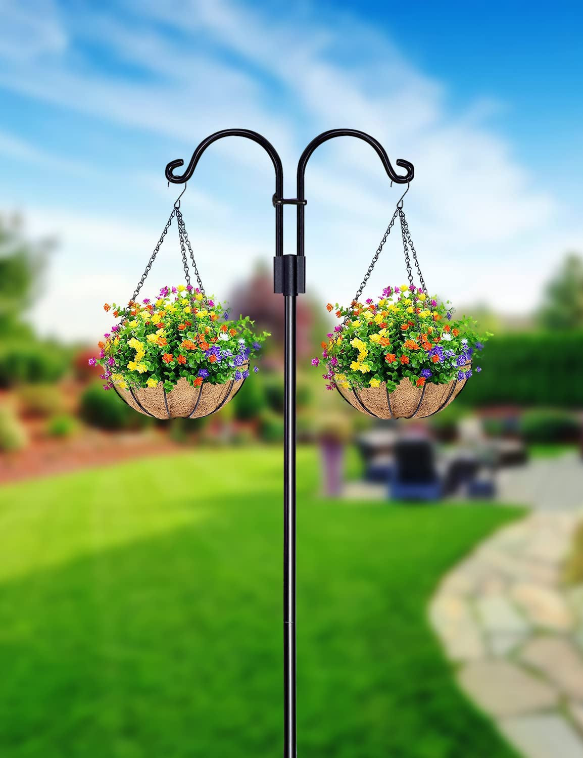 Premium Shepherds Hooks for Outdoor, 2 Pack 60 Inch Bird Feeder Pole with 5 Prongs Base
